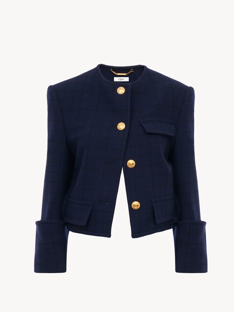 Boxy collarless jacket in wool check
