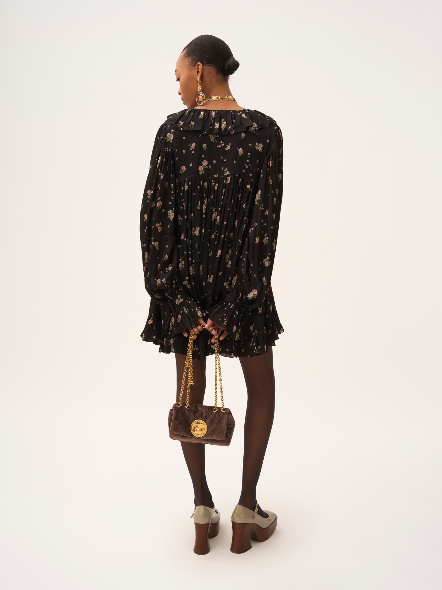 Gathered long-sleeve mini dress in silk charmeuse - 5