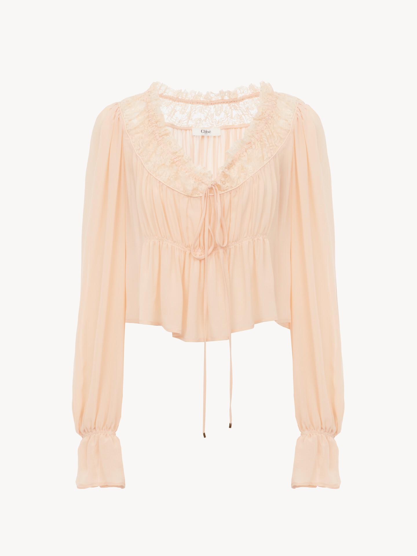 Scoop-neck cropped top in silk georgette & lace - 1
