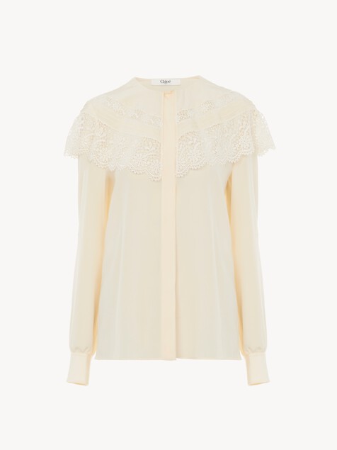Gathered blouse in cr&ecirc;pe de chine & lace