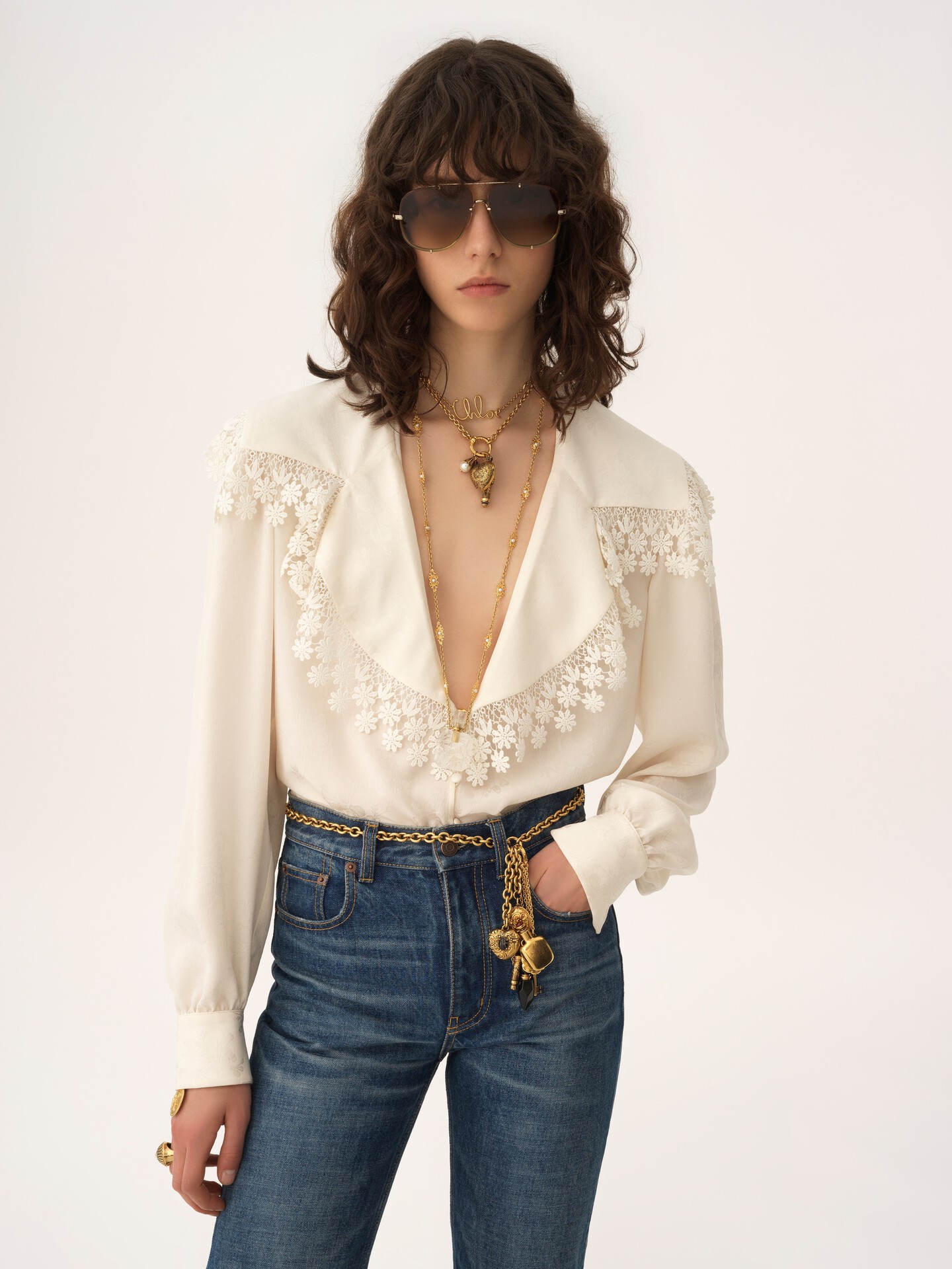 Maxi-collar blouse in silk jacquard & lace - 4