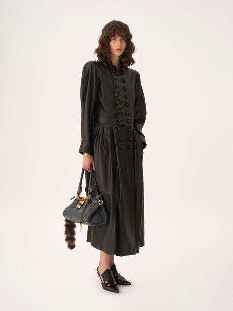 Oversized long riding coat in leather