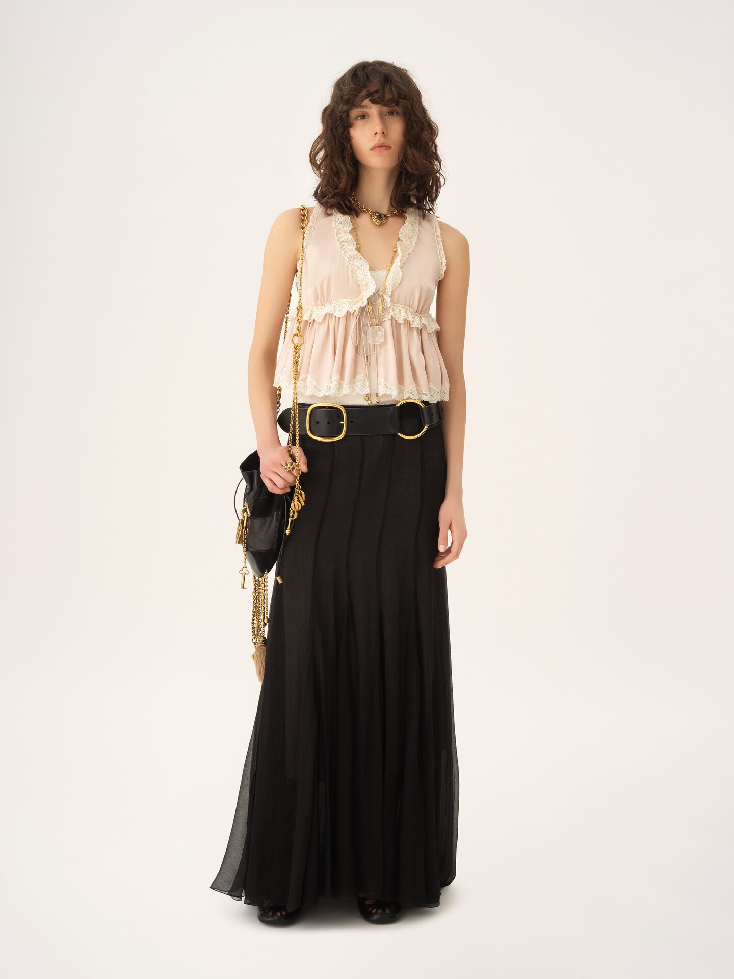 Tie-front sleeveless top in washed silk satin & lace - 3