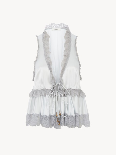 Tie-front sleeveless top in washed silk satin & lace
