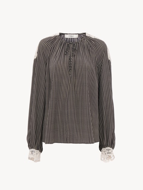 Open-neck top in crêpe de chine & lace