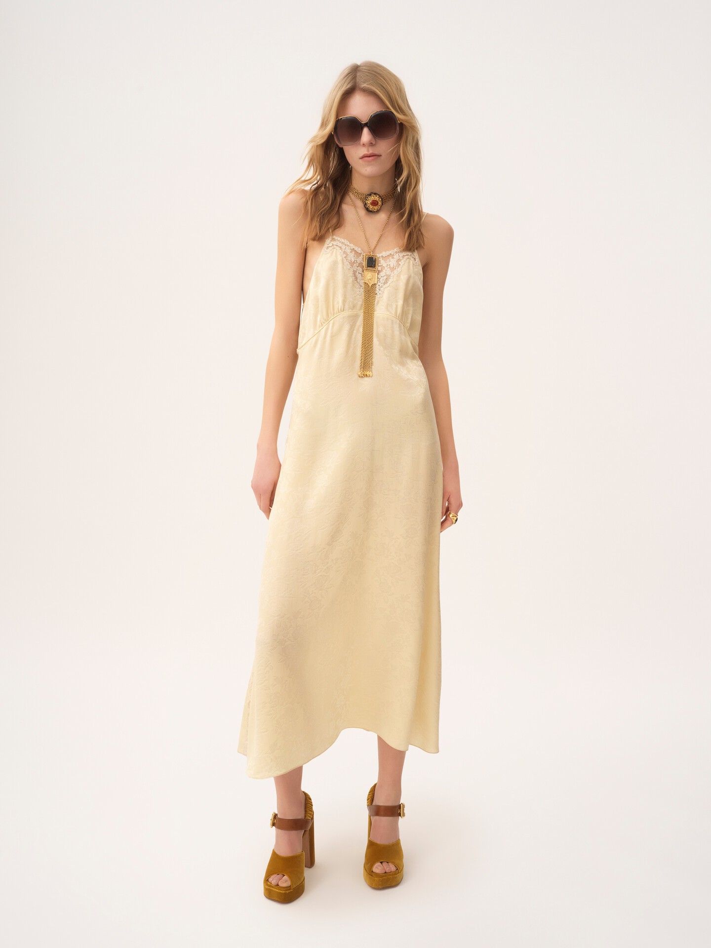 Thin-strap midi dress in silk jacquard & lace - 3