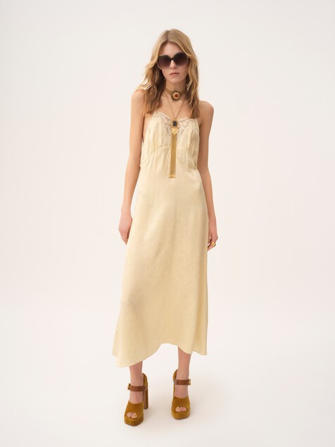 Thin-strap midi dress in silk jacquard & lace