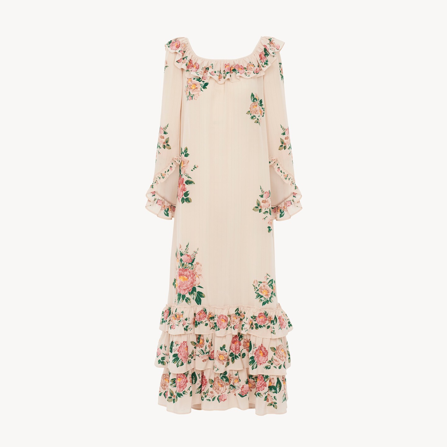 Square-neck ruffled long dress in crêpe de chine - 9