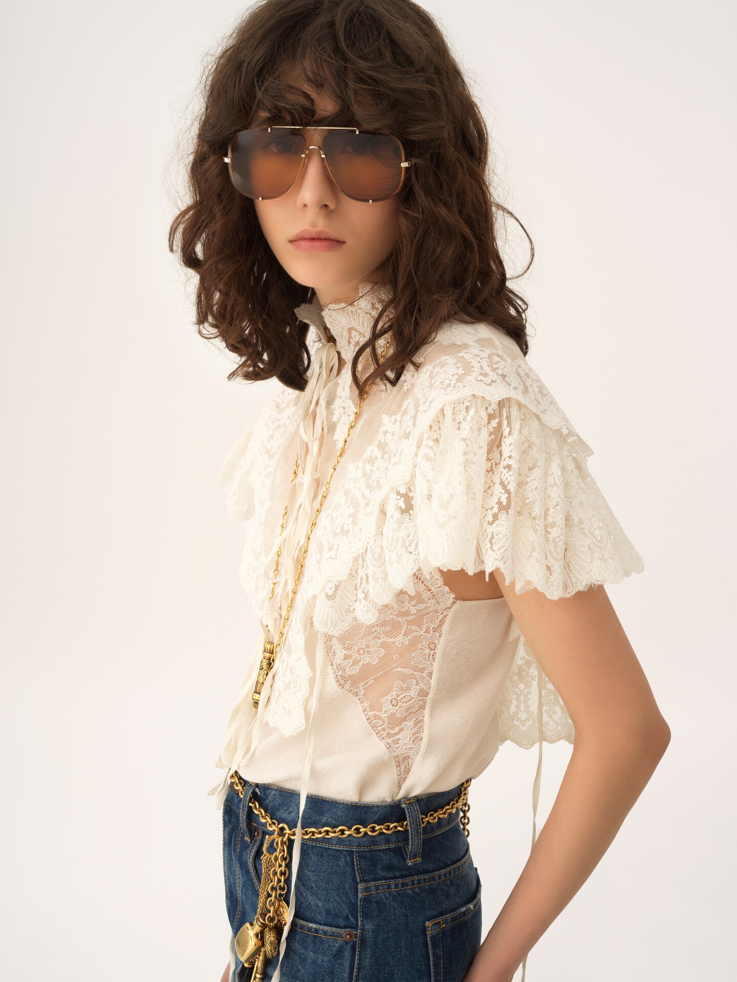 High-neck cropped top in cotton tulle & lace - 7