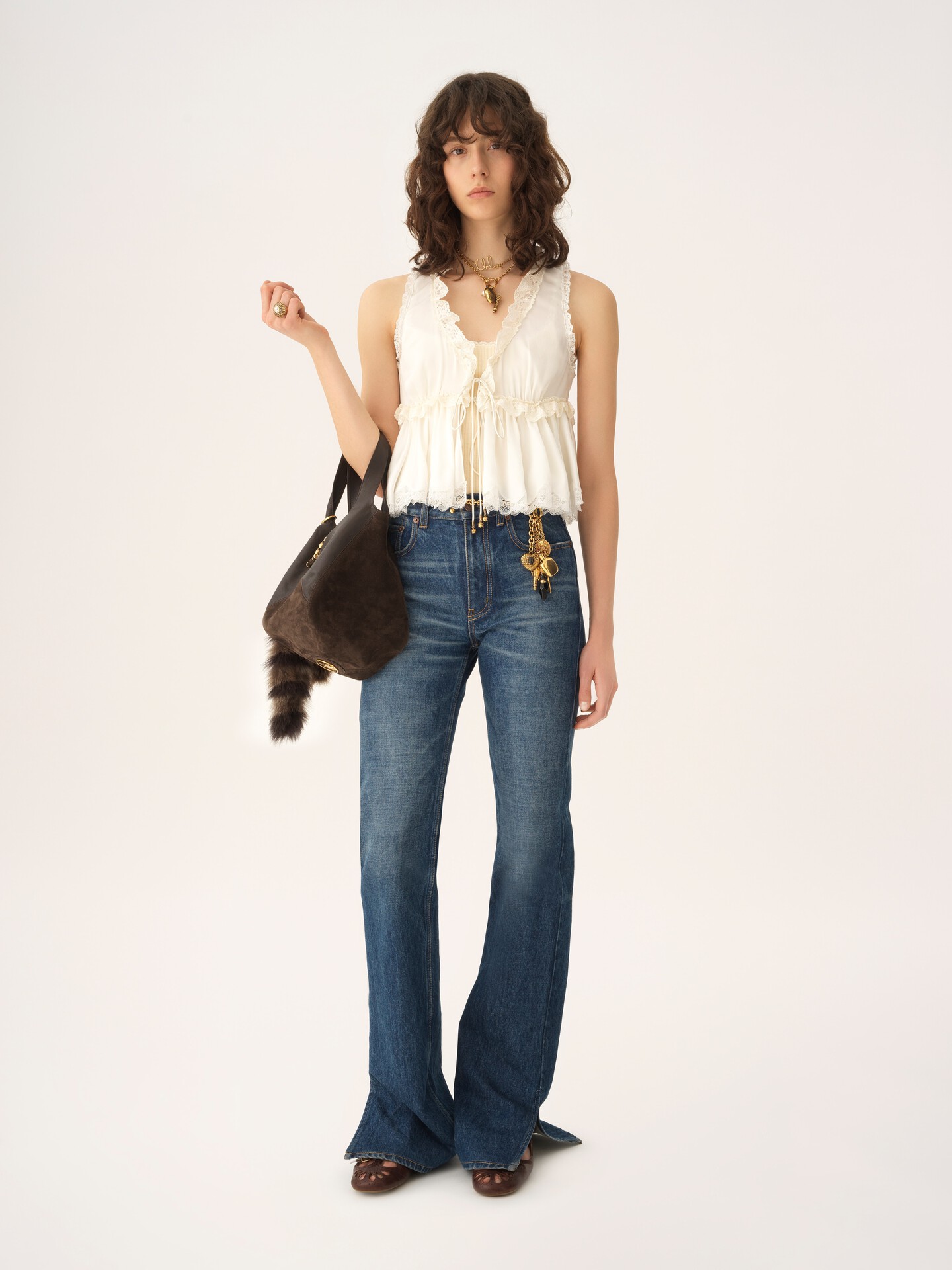 Tie-front sleeveless top in washed silk satin & lace - 3
