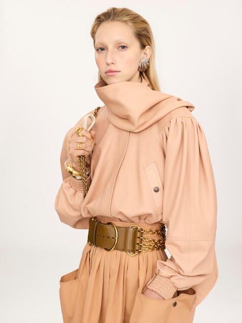 Cropped scarf leather jacket