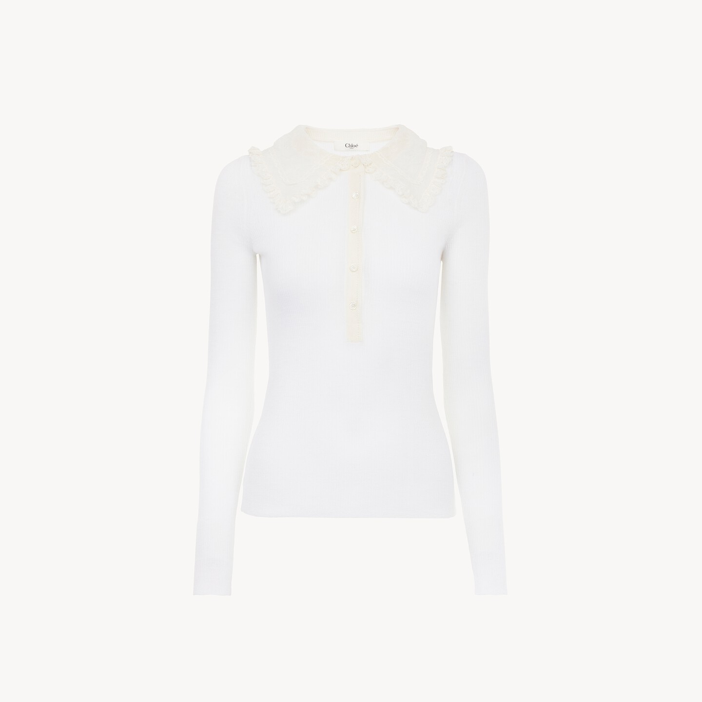 Collared Henley shirt in superfine wool knit & lace - 7