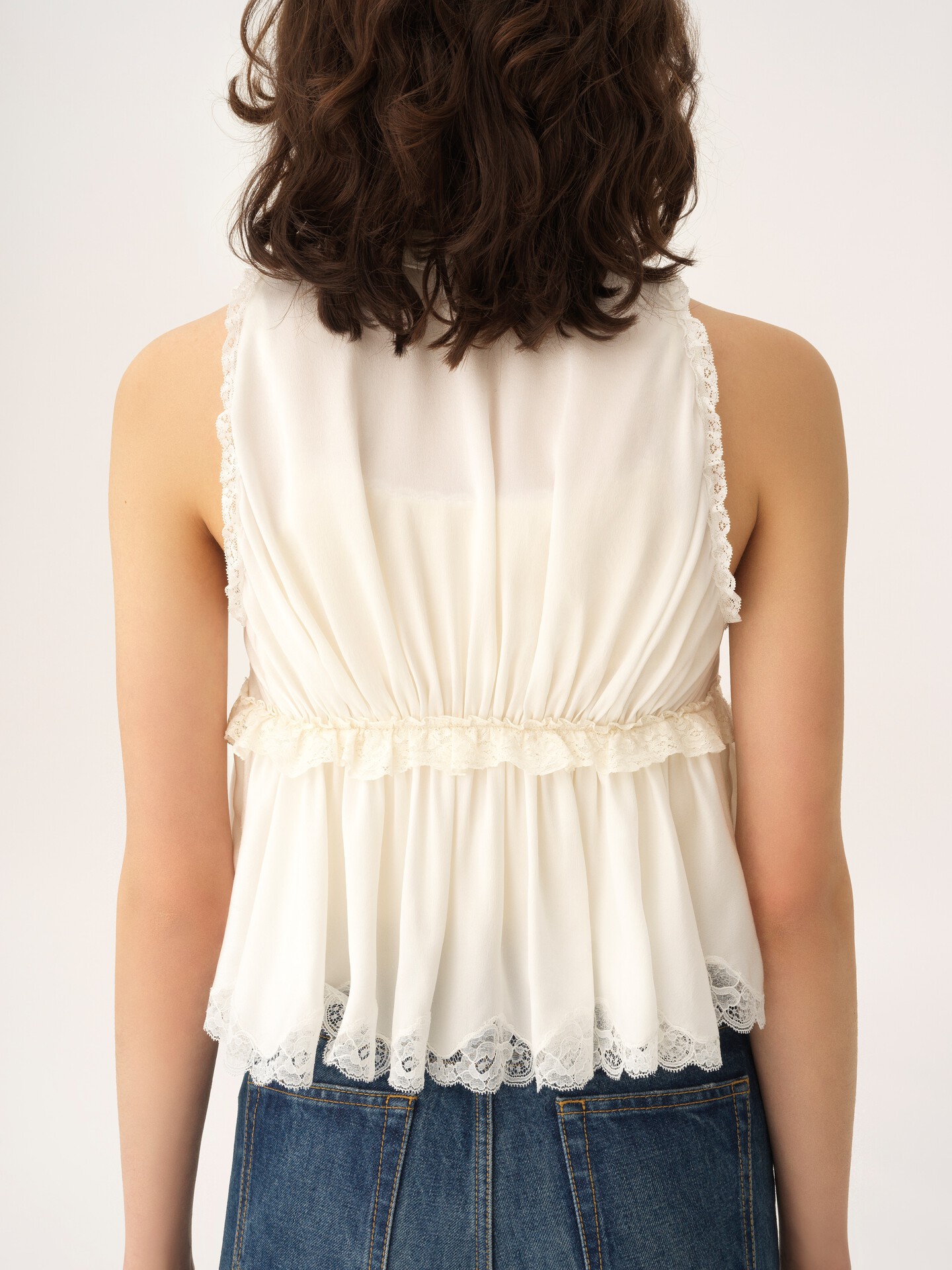 Tie-front sleeveless top in washed silk satin & lace - 8