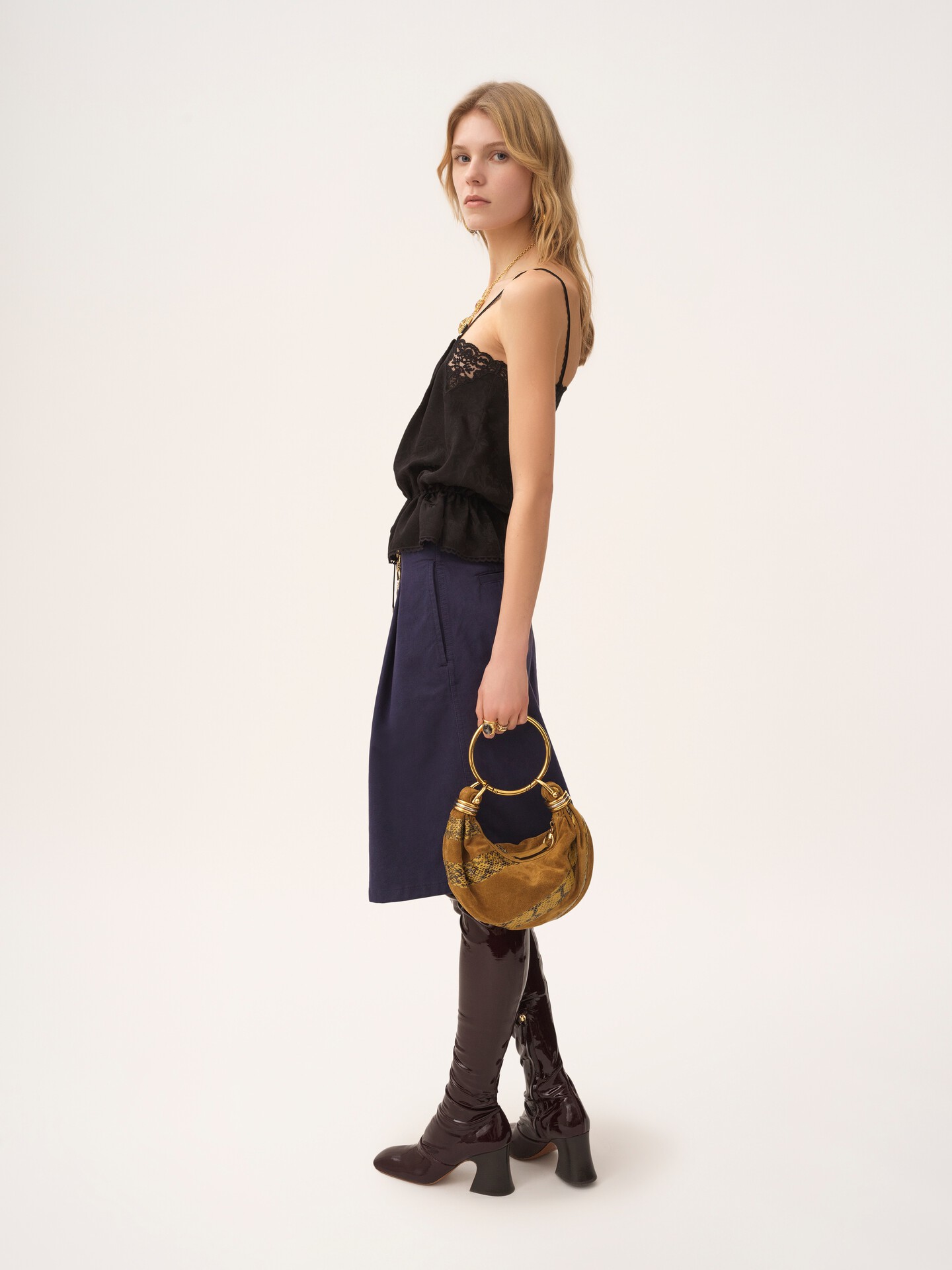 Drawstring camisole top in silk jacquard & lace - 3