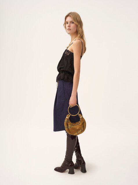 Drawstring camisole top in silk jacquard & lace