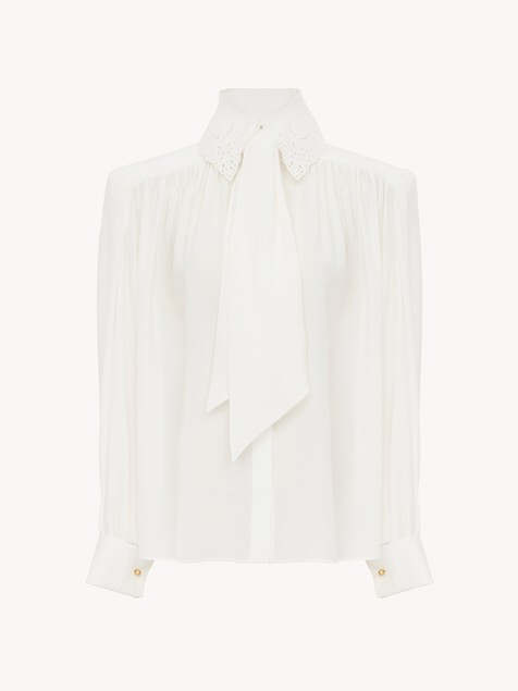 Gathered scarf-tie blouse in crêpe de chine & lace