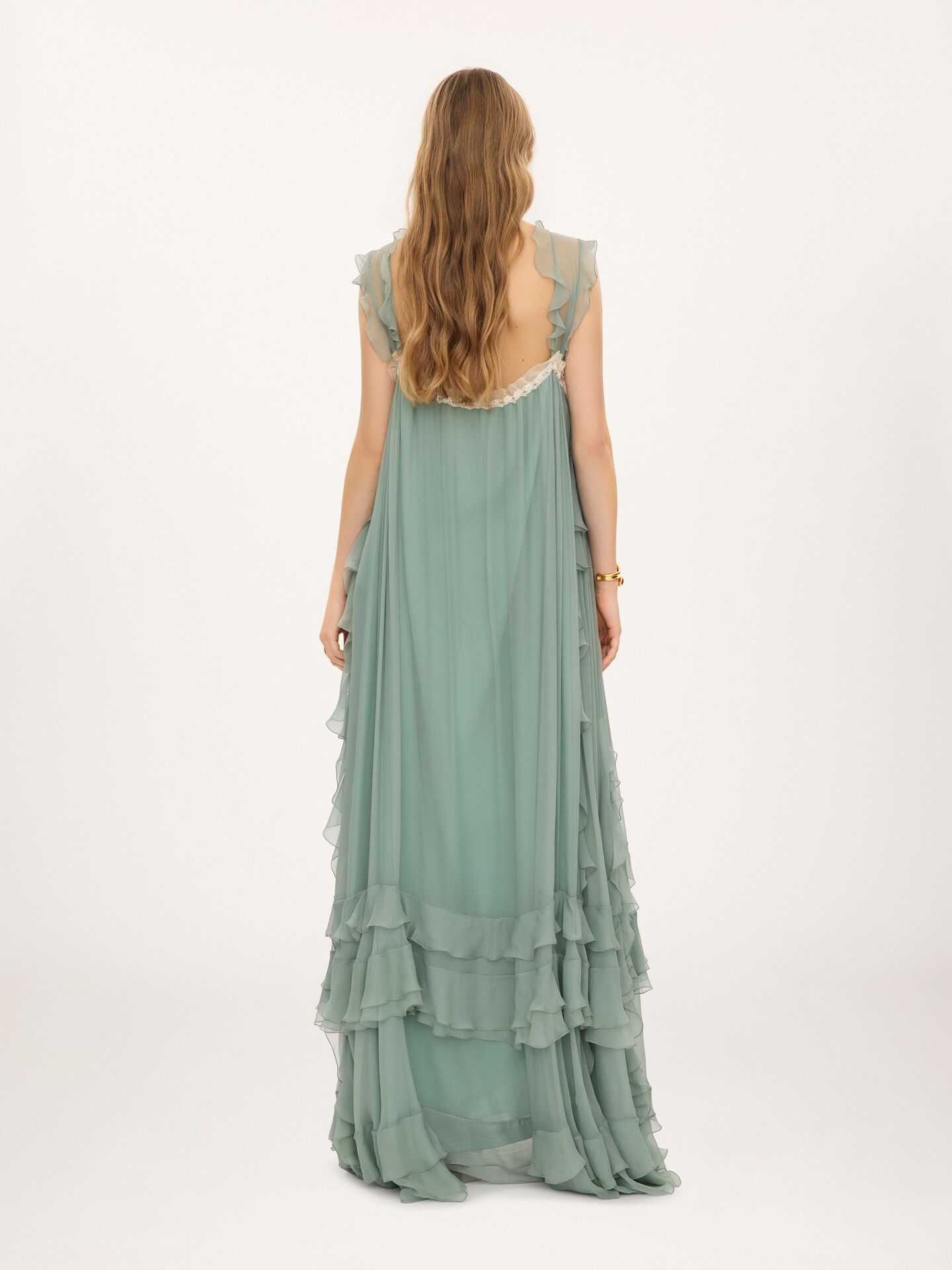 Sleeveless layered long dress in silk mousseline & lace - 4