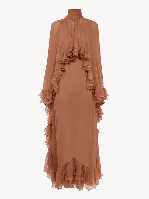 Mock-neck ruffle dress in silk mousseline