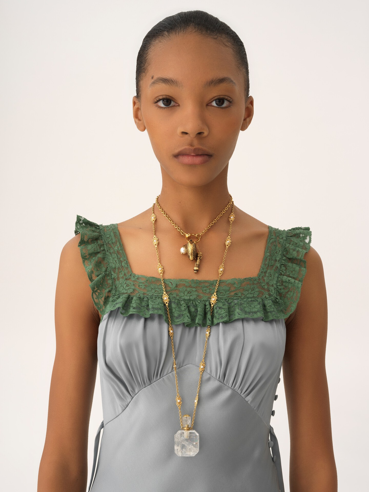 Sleeveless column dress in washed silk satin & lace - 7