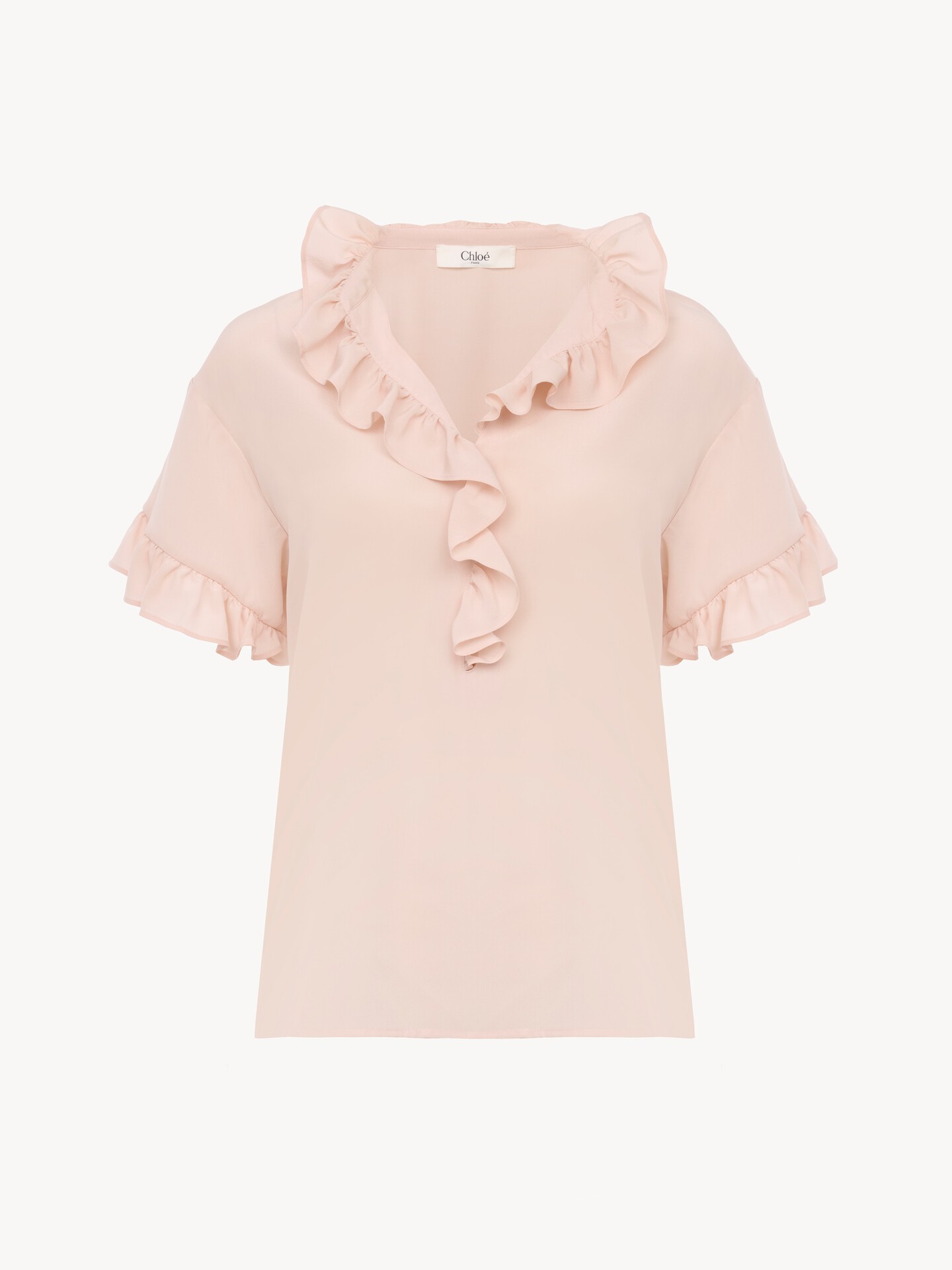 Short-sleeve ruffled top in cr&ecirc;pe de chine - 2