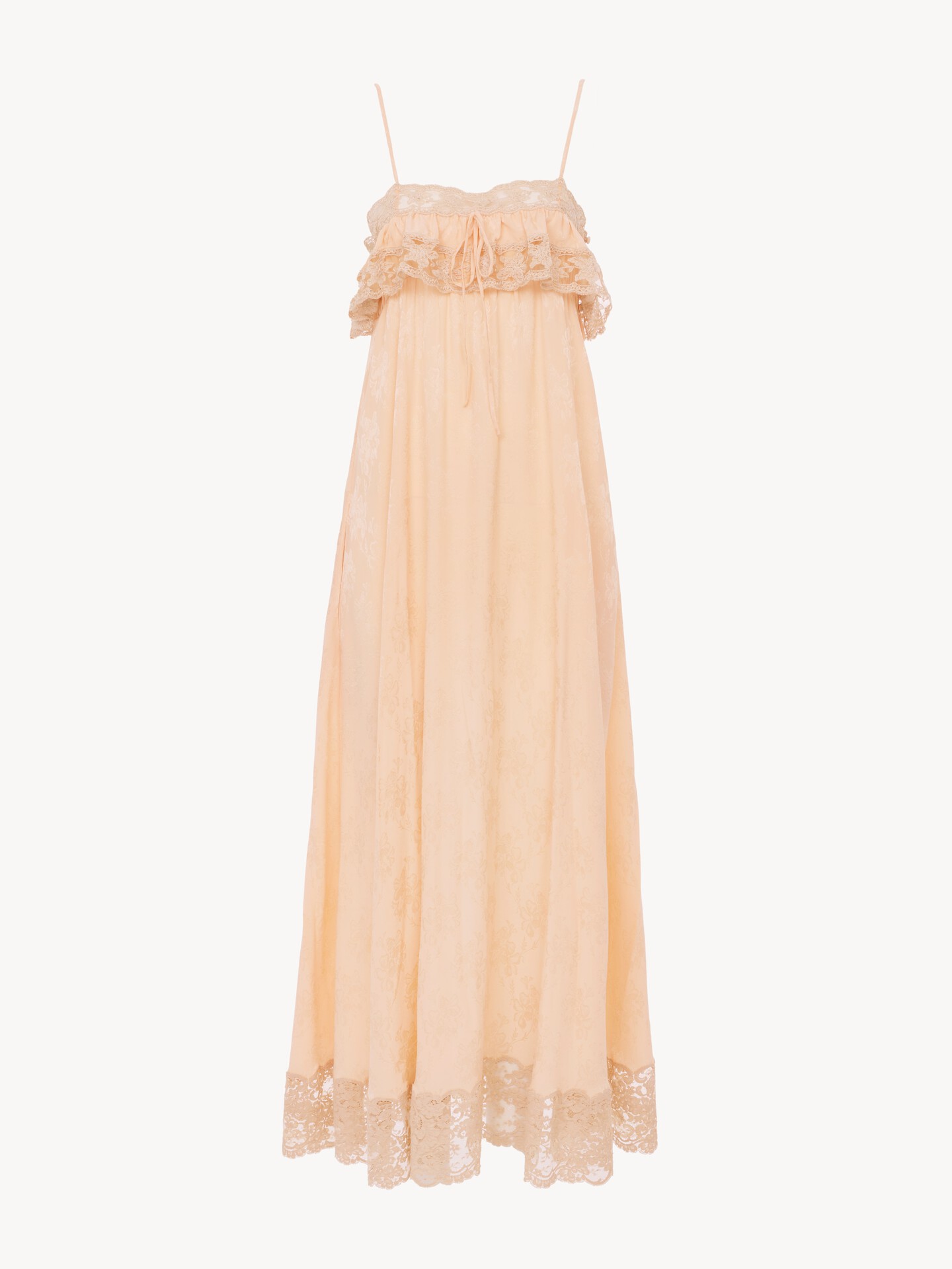 Thin-strap long dress in silk jacquard & lace - 2