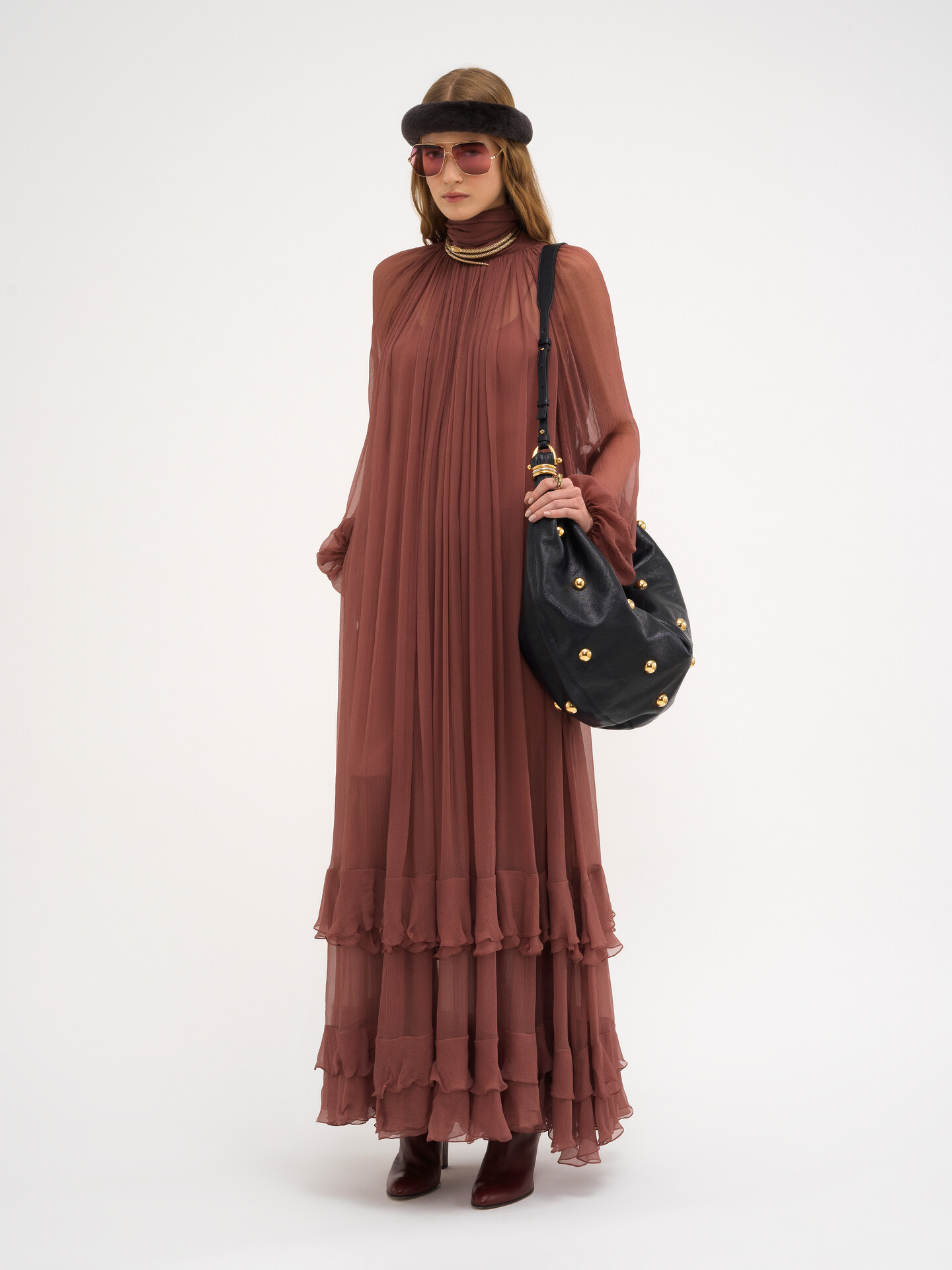 Gathered long dress in silk mousseline - 3