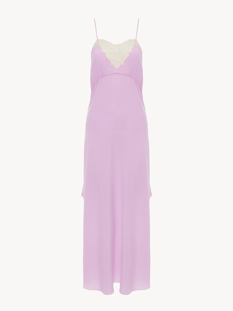 Thin-strap midi dress in cr&ecirc;pe de chine & lace