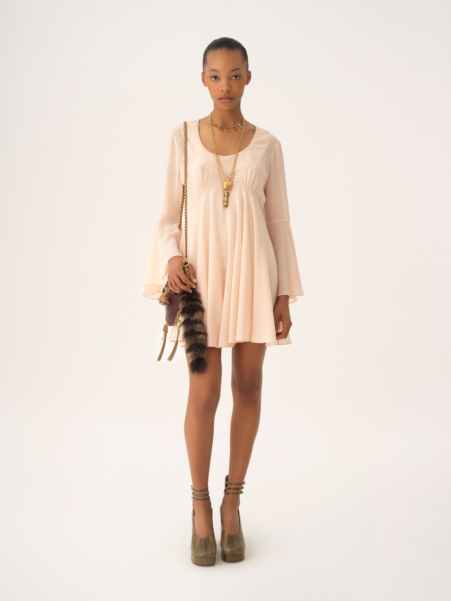 Flared mini dress in silk georgette - 3