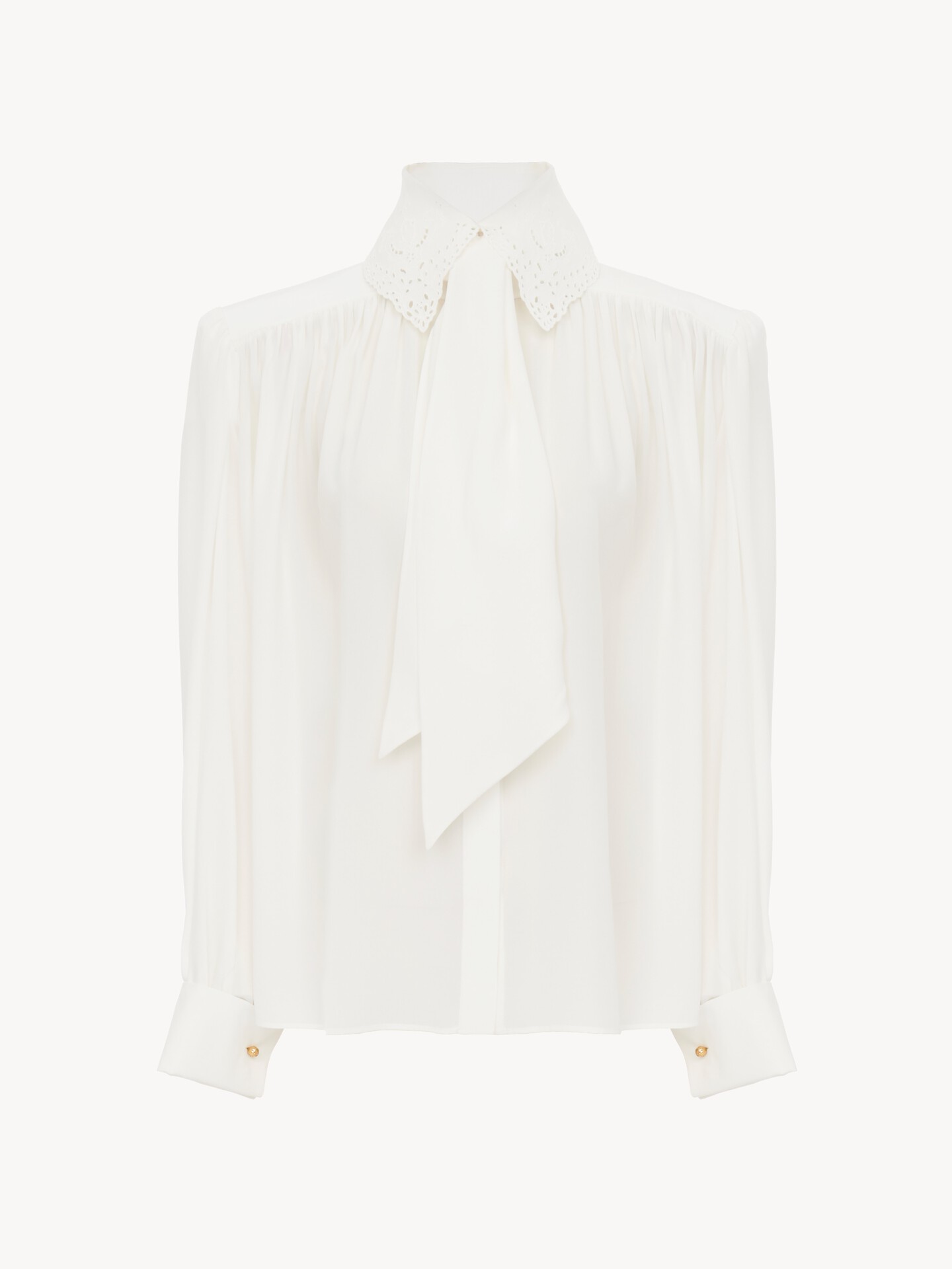 Gathered scarf-tie blouse in cr&ecirc;pe de chine & lace - 2