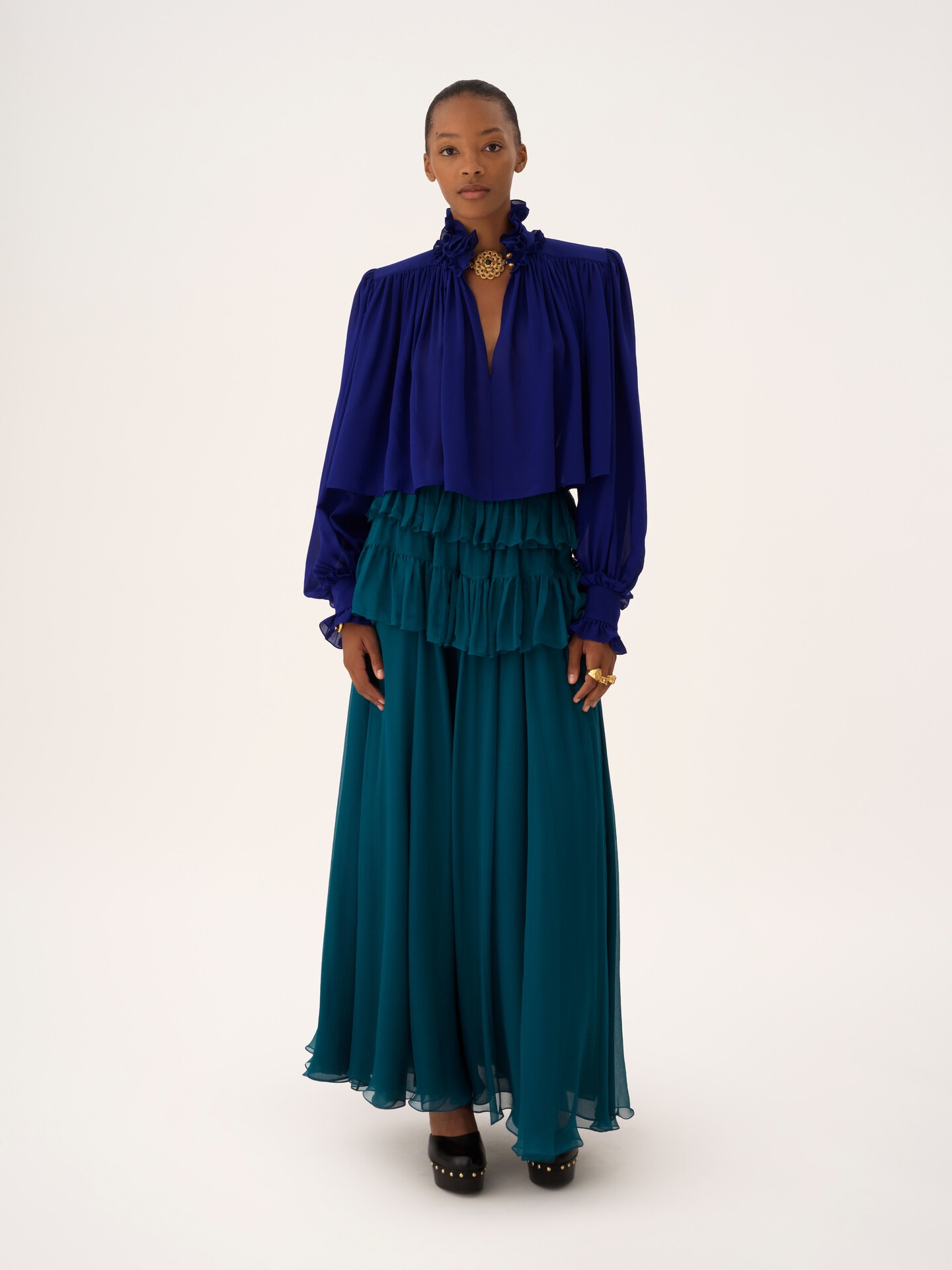 Maxi gathered high-neck top in silk georgette - 3