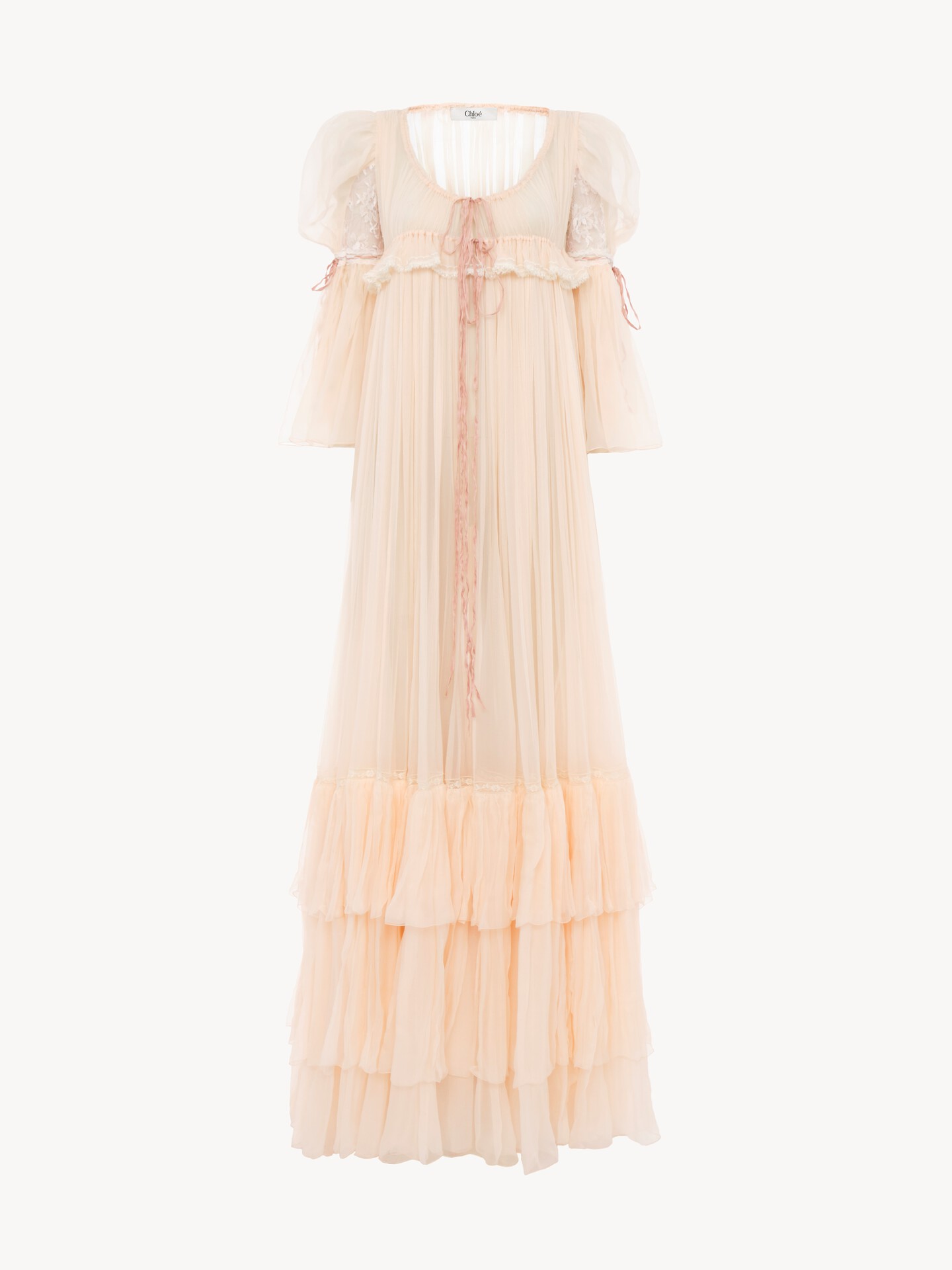 Oversized long ruffled dress in silk mousseline & lace - 1