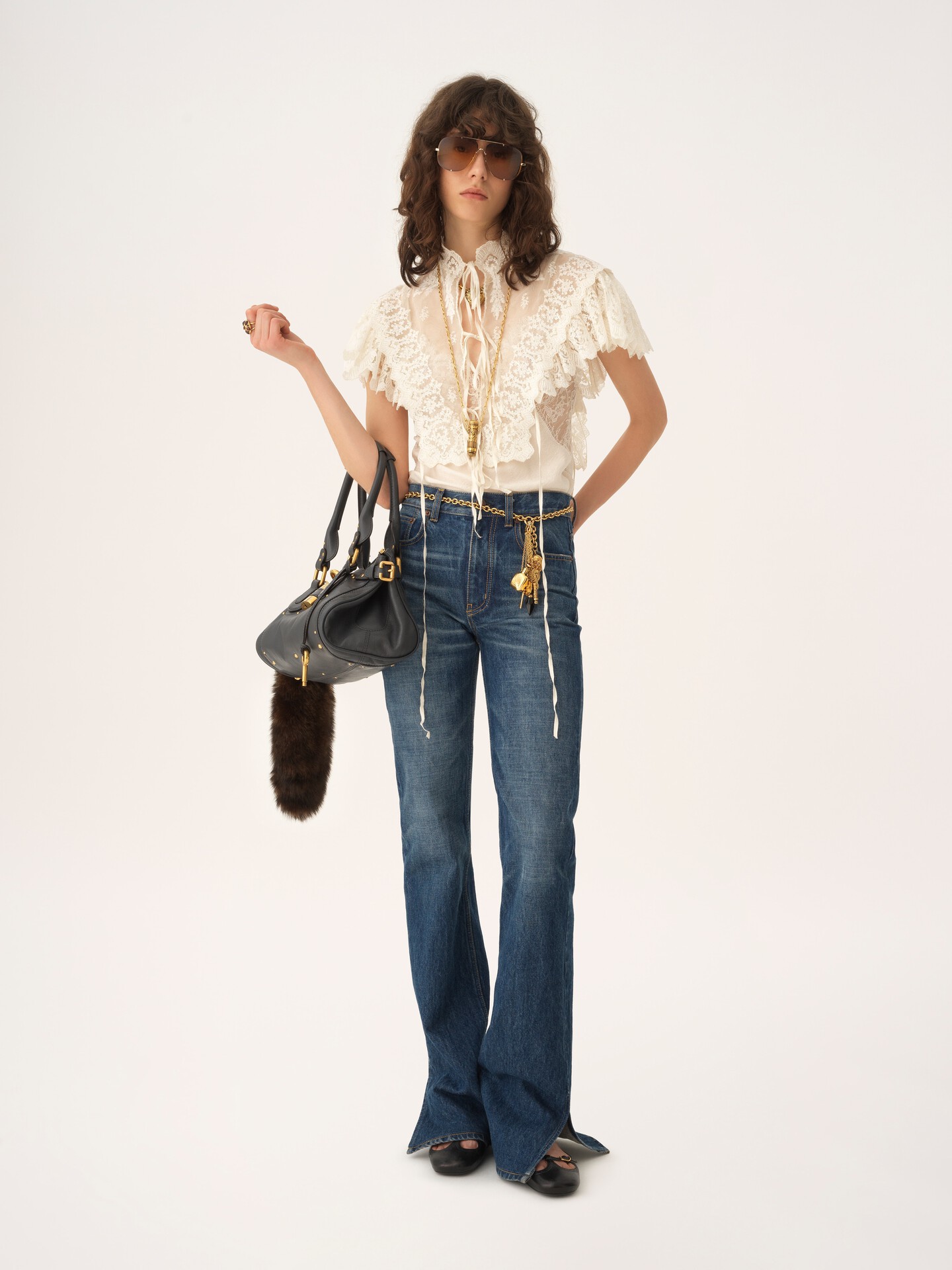 High-neck cropped top in cotton tulle & lace - 3