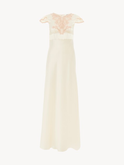 Cap-sleeve column dress in washed silk satin & lace