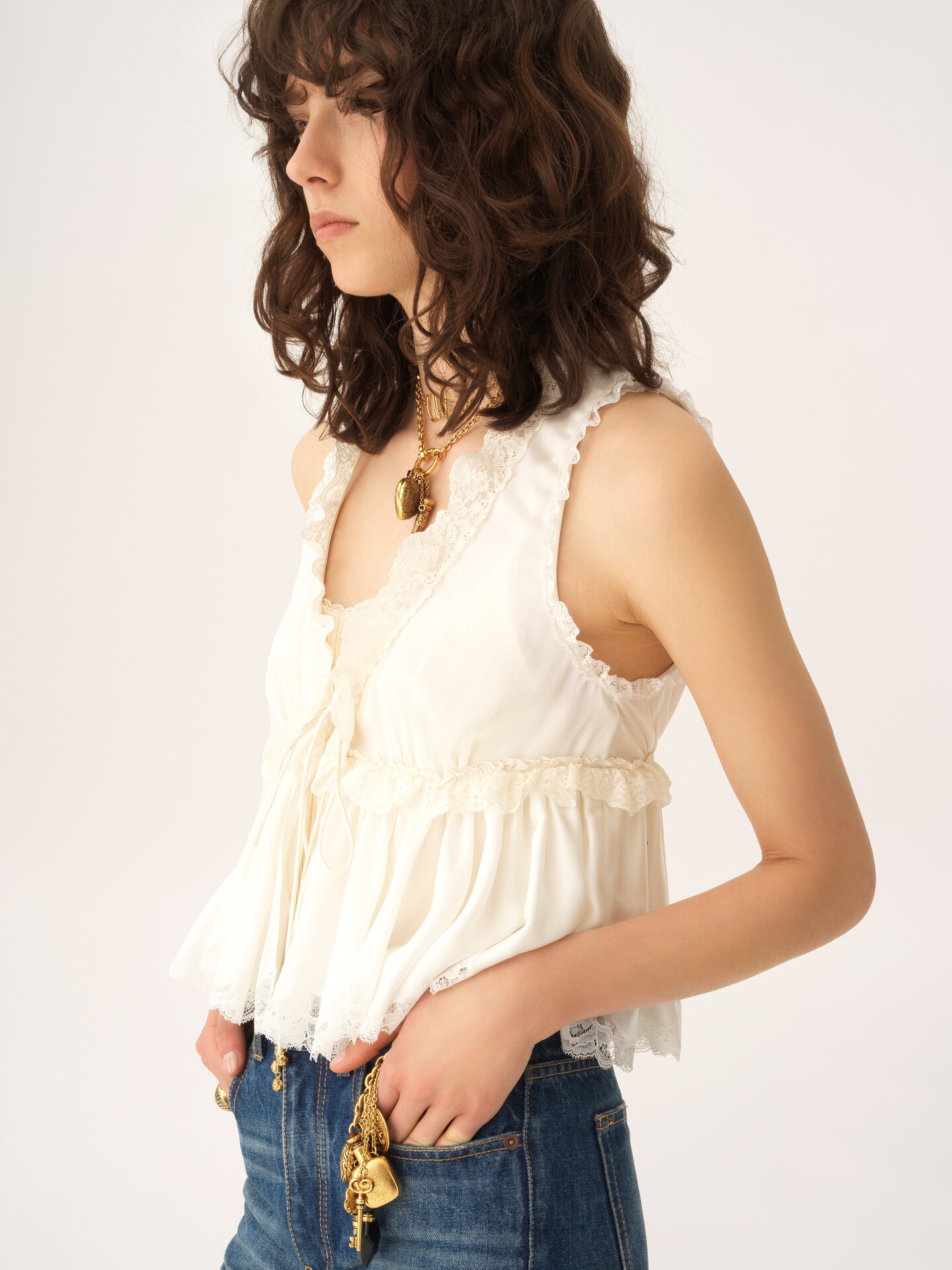 Tie-front sleeveless top in washed silk satin & lace - 7