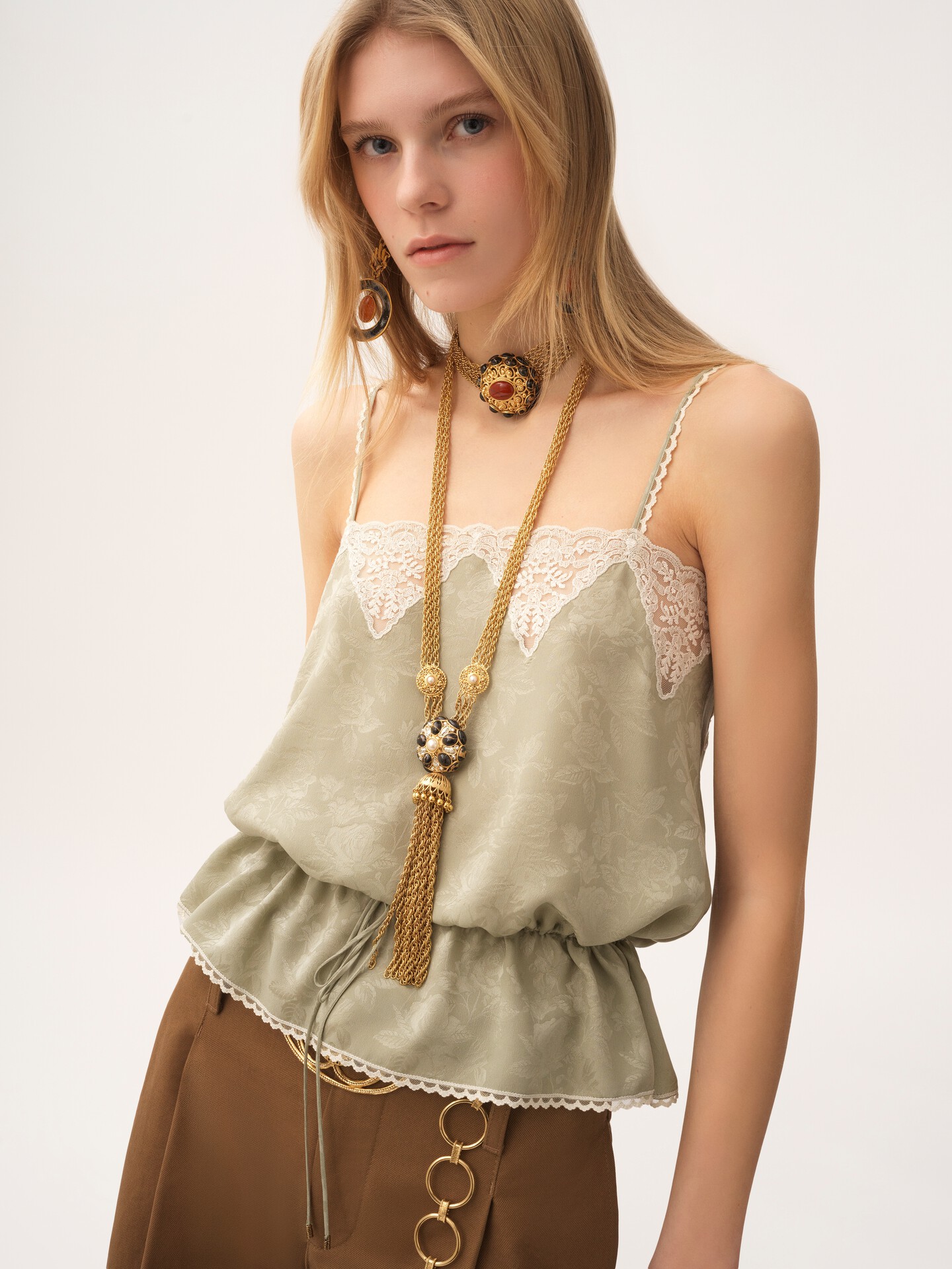 Drawstring camisole top in silk jacquard & lace - 6