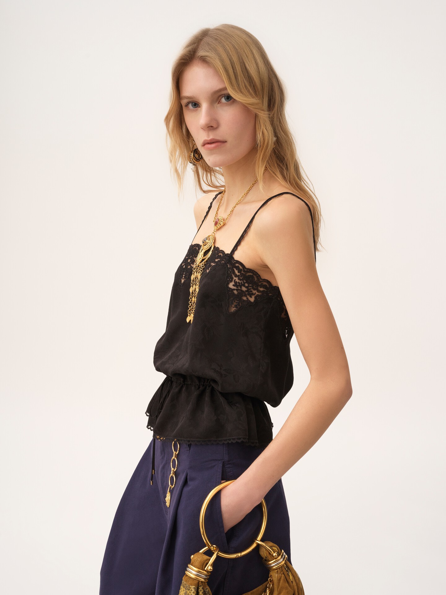 Drawstring camisole top in silk jacquard & lace - 6