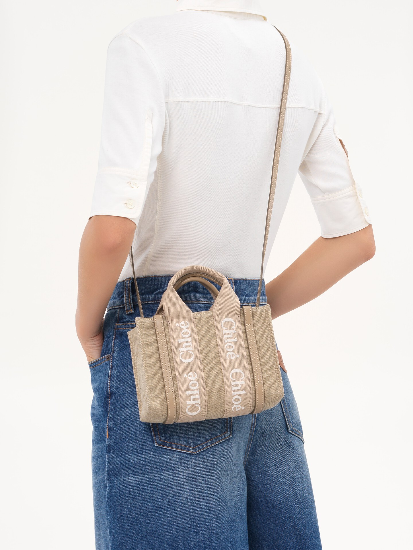 Mini Woody tote bag in linen & leather - 3