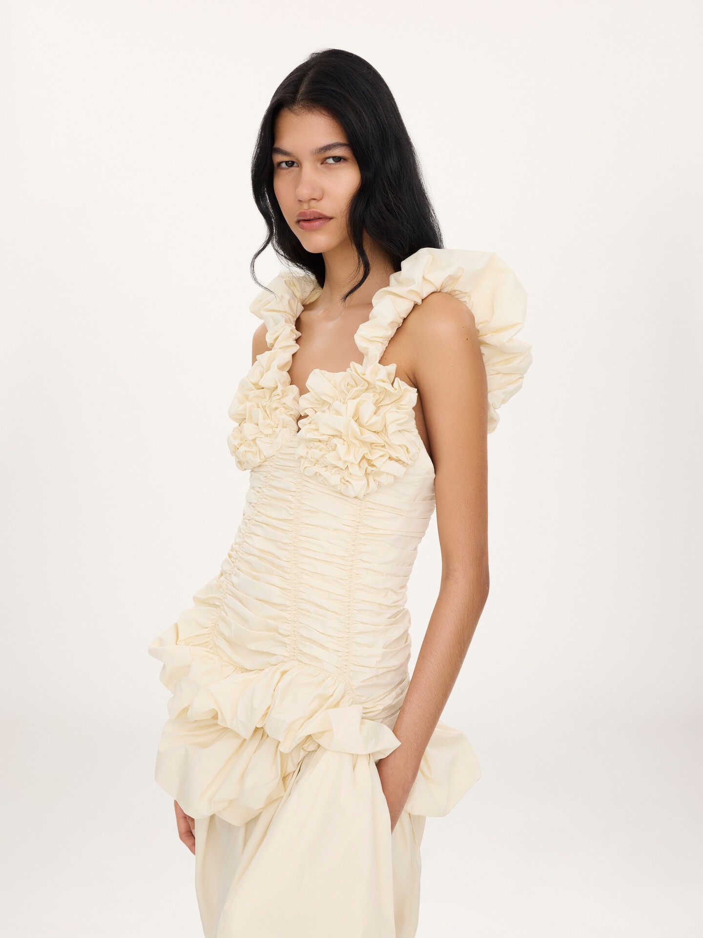 Ruched bustier midi dress in cotton poplin - 5