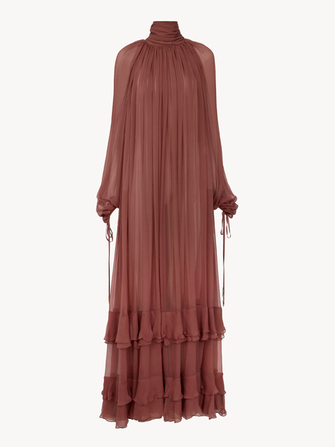 Gathered long dress in silk mousseline
