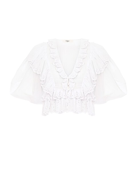 Cropped V-neck ruffle top in cotton voile