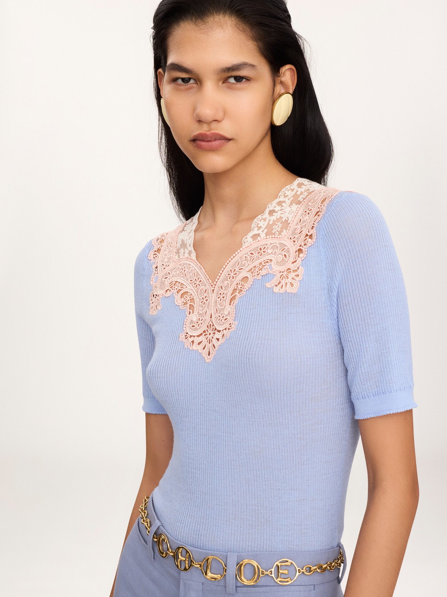 Elbow-sleeve fitted jumper in a wool knit & lace - 7