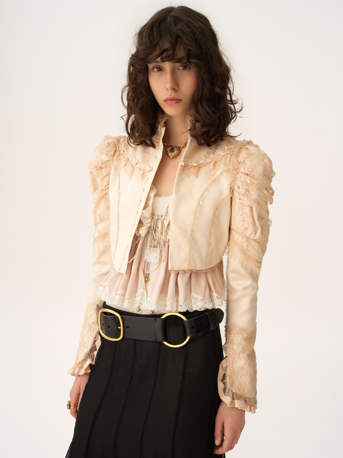Cropped fitted jacket in silk duchess satin & lace - 3