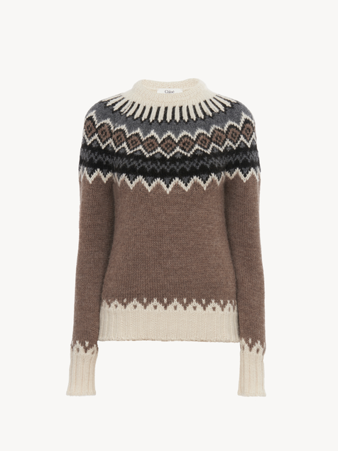 Mock-neck fitted sweater in Fair Isle wool knit