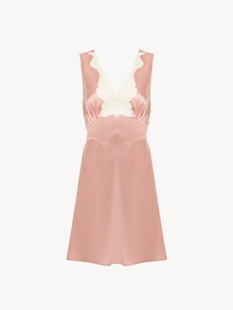 Sleeveless mini dress in washed silk satin & lace