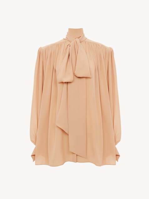 Oversized gathered lavallière blouse in crêpe de chine