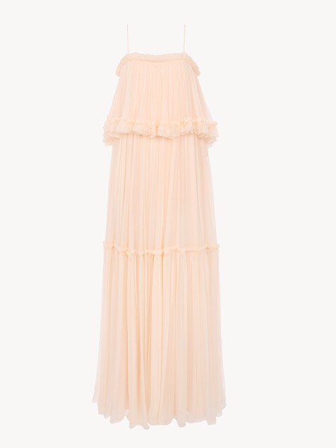 Thin-strap long dress in silk mousseline