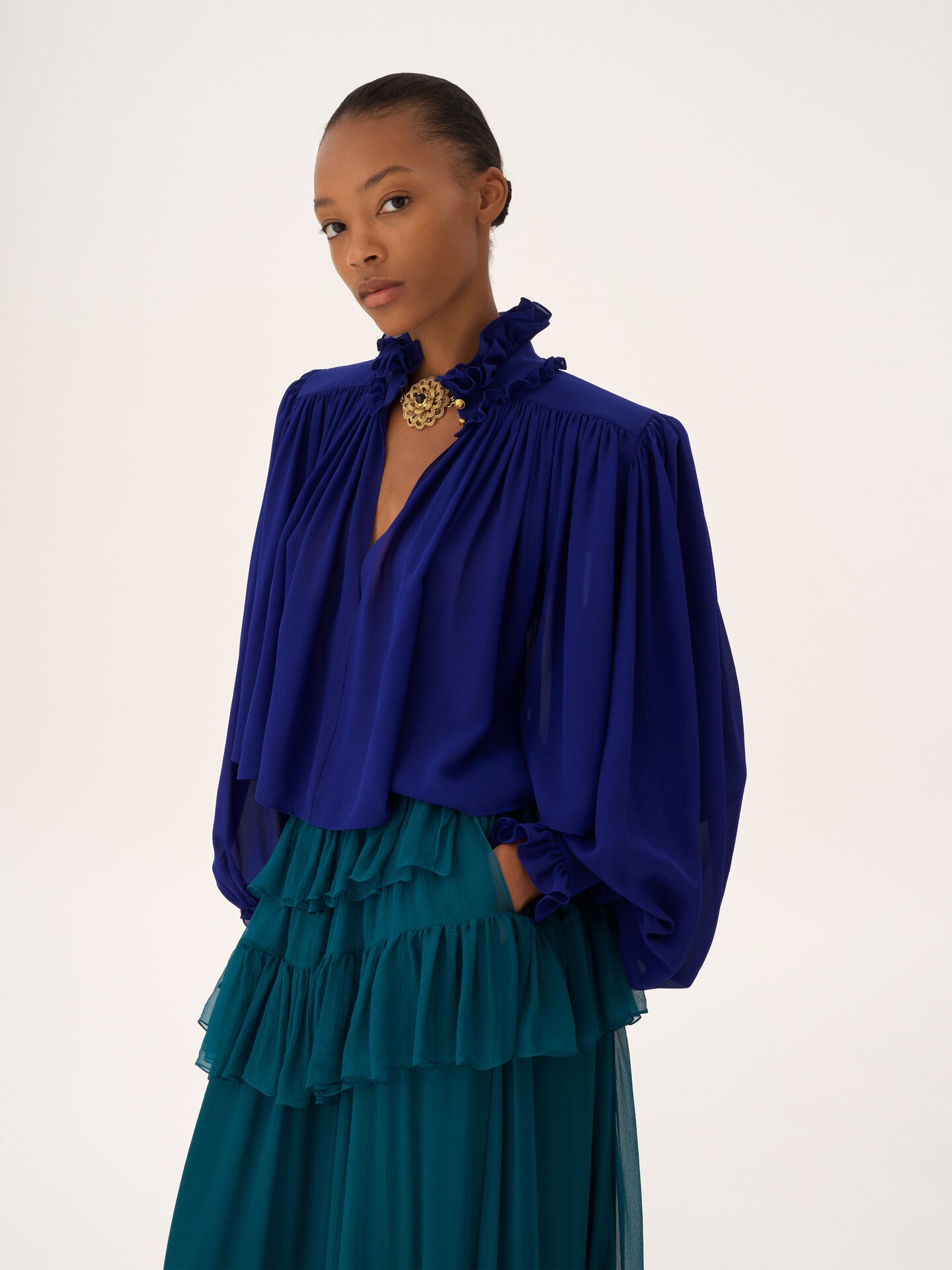 Maxi gathered high-neck top in silk georgette - 6