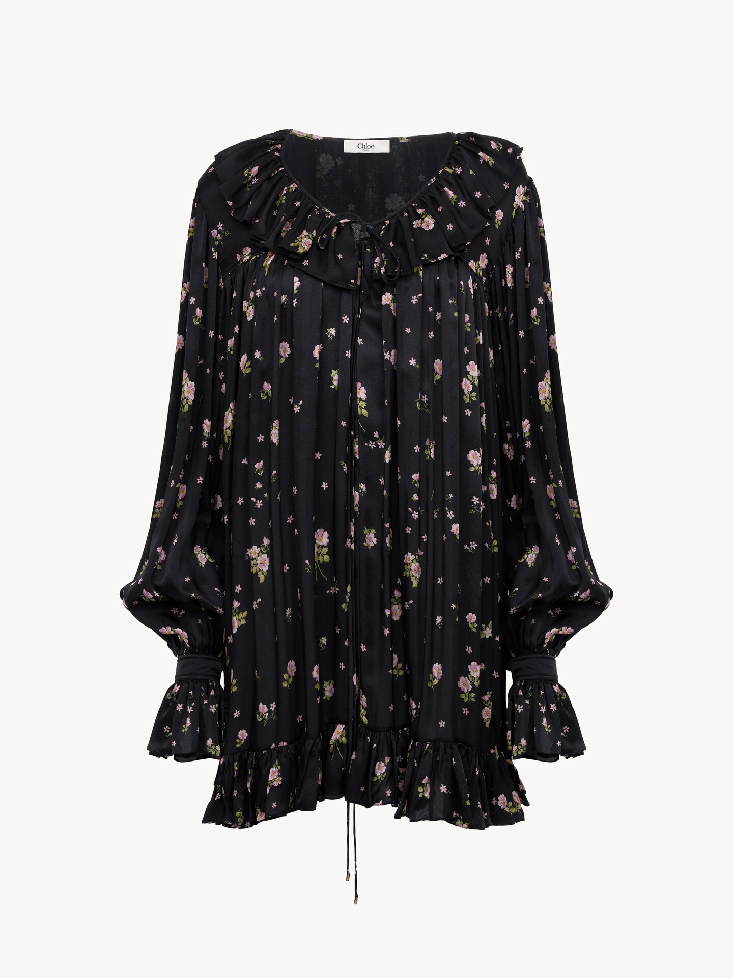 Gathered long-sleeve mini dress in silk charmeuse - 1