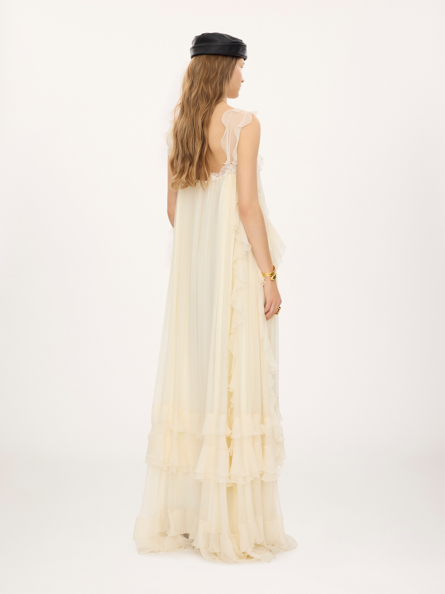 Sleeveless layered long dress in silk mousseline & lace - 5