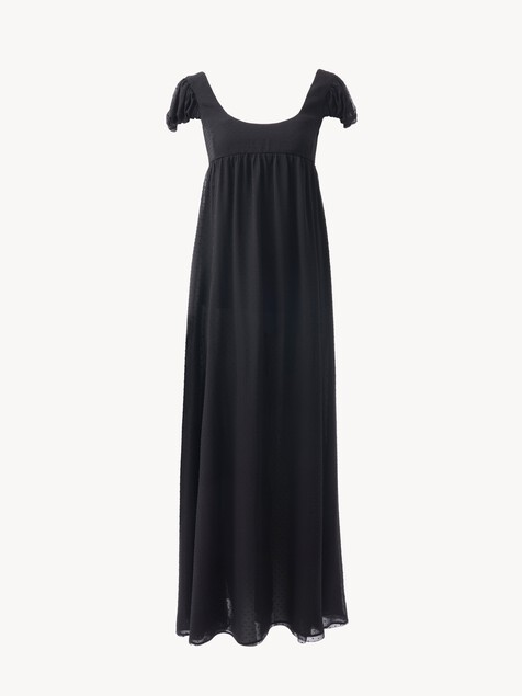 Puff-sleeve long dress in silk plumetis